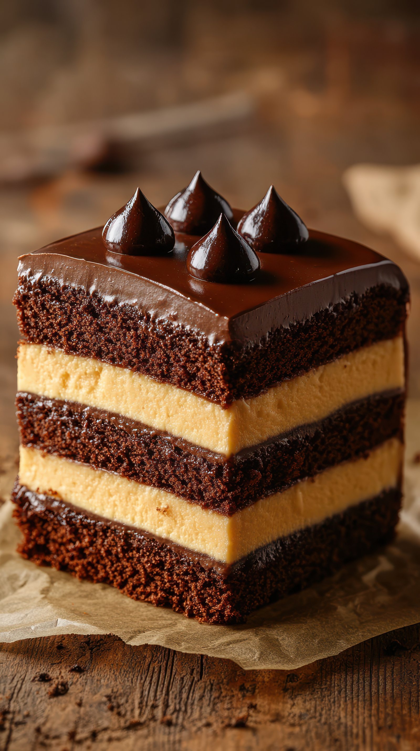 Delicious chocolate cake slice with creamy filling and glossy frosting served on wooden table